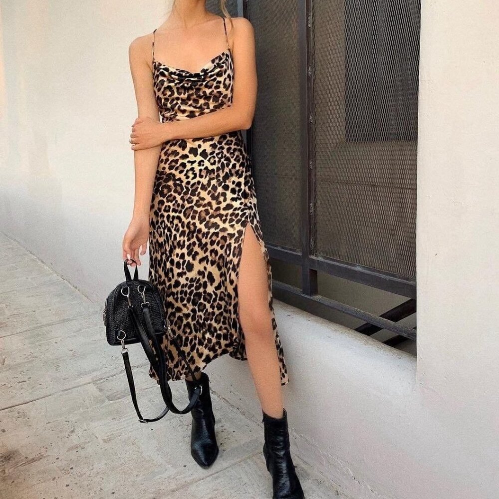 NWT ASTR The Label Gaia Leopard Print Cowl Neck Strappy Slip Midi Dress Size‎ XS